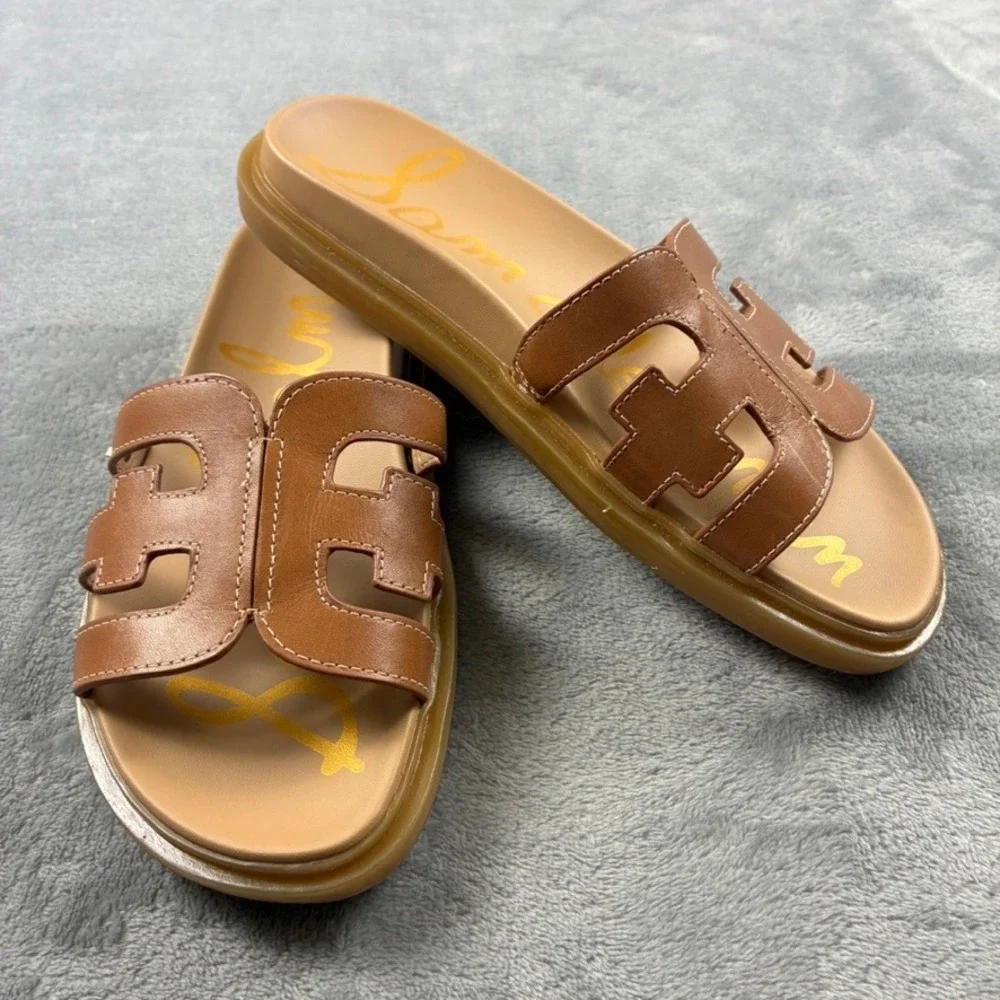 Sam Edelman Valeri Platform Slide Sandals Womens 6M Brown Leather Cutout Logo - Picture 3 of 15